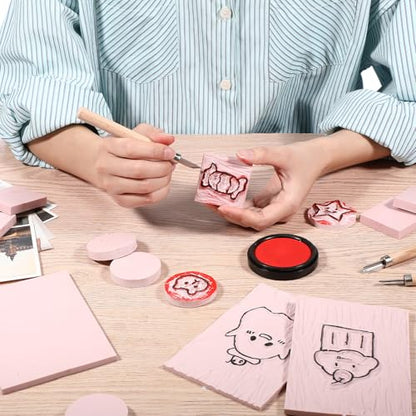Innconee 18 Pcs Rubber Stamp Carving Blocks Linoleum Blocks, Pink - color: Pink
