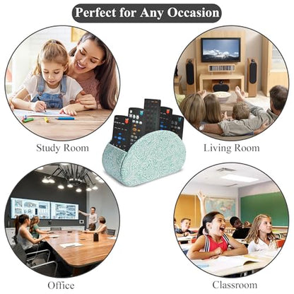 Remote Control Holder, PU Leather Remote Caddy Desktop Organizer with 5 Spacious Compartments for TV Remotes/Media Controllers/Office Supplies (1-Carved3 Green2 - color: 1-Carved3 Green2
