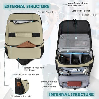 RAINSMORE Camera Bag, DSLR SLR Mirrorless Camera Case for Photographer - color: Khaki