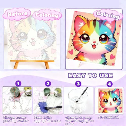Gemozaic Cat Paint by Numbers Kit for Kids with Frame and Easel, 8 x 8 in - color: BKH2334