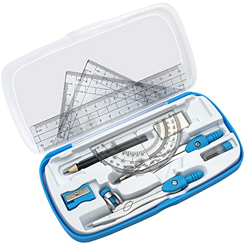 Akuoly Math Compasses Back-to-School Starter Geometry Kit with 2 Drafting Compasses Protractor Set Squares Ruler and More for Students Maths Study Homework, Blue Set with Carry Case