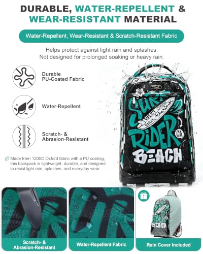NEW TILAMI 19 Inch Rolling Backpack for School Stair-Climbing Big Wheel - color: Green Surf Rider