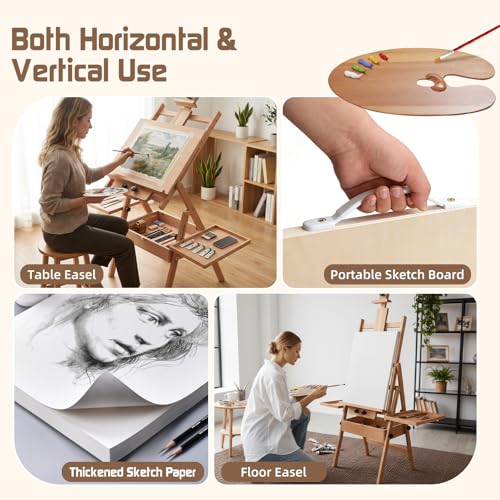 Beech Wood H-Frame Easel for Painting with Tray & Drawer, Natural - color: Natural