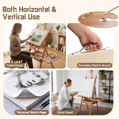 Beech Wood H-Frame Easel for Painting with Tray & Drawer, Natural - color: Natural