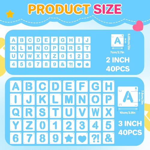 Letter Stencils 80Pcs 2&3Inch Large Alphabet Number Reusable Stencils - size: 2Inch+3Inch