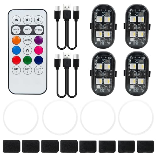 4PCS Wireless LED Strobe Lights with Remote Control, USB Rechargeable 8-Color High Brightness Waterproof Anti-Collision Warning Lights for Car, Motorcycle, Drone, Truck, Bike