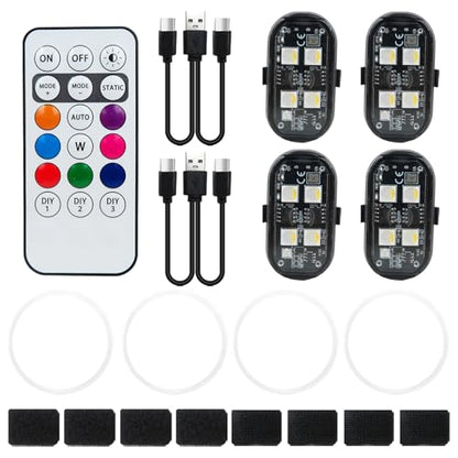 4PCS Wireless LED Strobe Lights with Remote Control, USB Rechargeable 8-Color High Brightness Waterproof Anti-Collision Warning Lights for Car, Motorcycle, Drone, Truck, Bike