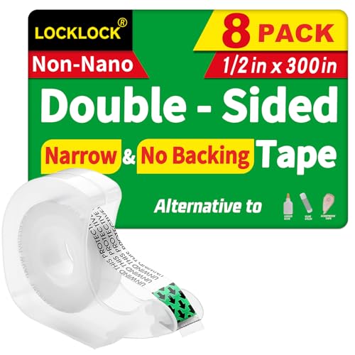 LOCKLOCK Double Sided Tape Light Duty, 8 Pack, 1/2 x 300 inches, Narrow Double Stick Tape for Crafts, Arts Projects, Gift Wrapping, Alternative to Scrapbook Tape, Office and School Supplies.