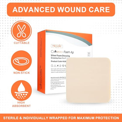MedVance Silver Foam Sterile Highly Absorbent Dressing, 4"x4", Box of 10 - size: 4"x4" Standard 10 Pack