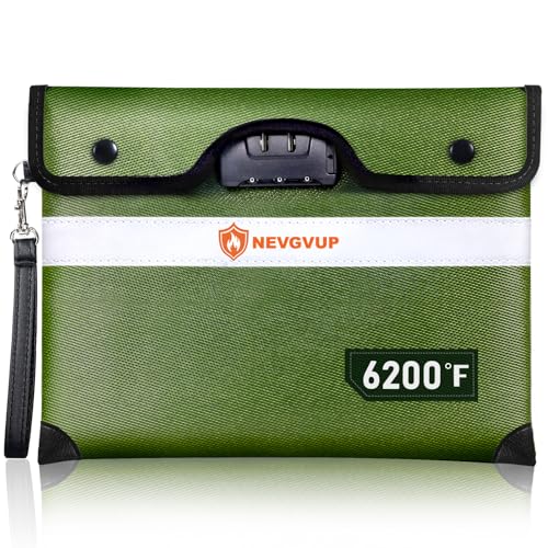 6200°F Fireproof Money Bag with Lock, Upgraded Fireproof Bags w. Zipper/Reflective Strip, 9 Layers of Heat Insulated Materials, Water Resistant Fire proof Money Bag for Cash, Fire Pouch for A5 Files - color: Green, size: Inside Size 10.5" x 8.0"