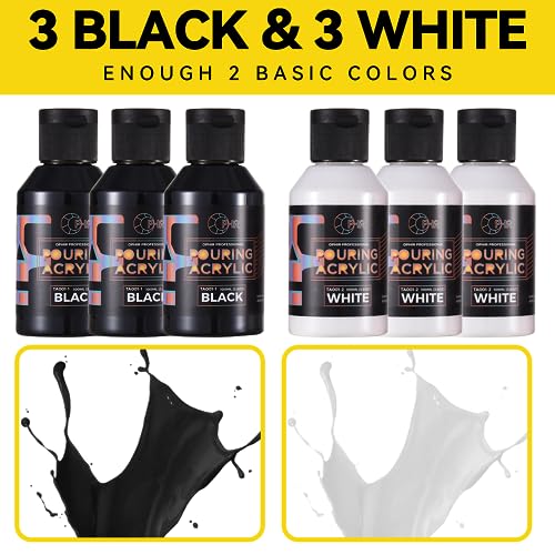 OPHIR 3 Black & 3 White Premixed Acrylic Pour Paint Set, 3.8-Ounce/Bottle - color: 3 Black & 3 White Set