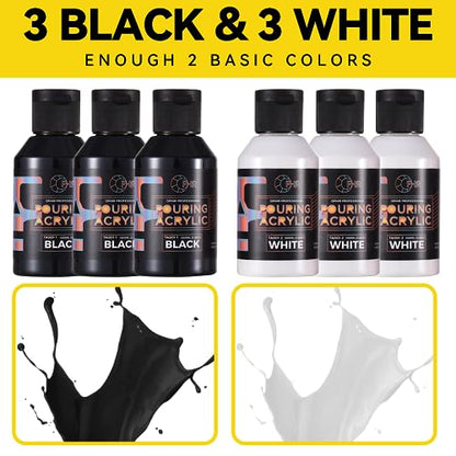 OPHIR 3 Black & 3 White Premixed Acrylic Pour Paint Set, 3.8-Ounce/Bottle - color: 3 Black & 3 White Set