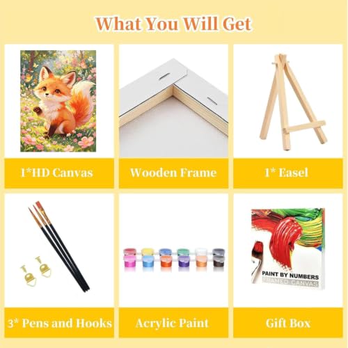 HITO Fox Paint by Numbers Kit for Kids with Frame Easel 8x12 inch - color: Spring Meadow Fox