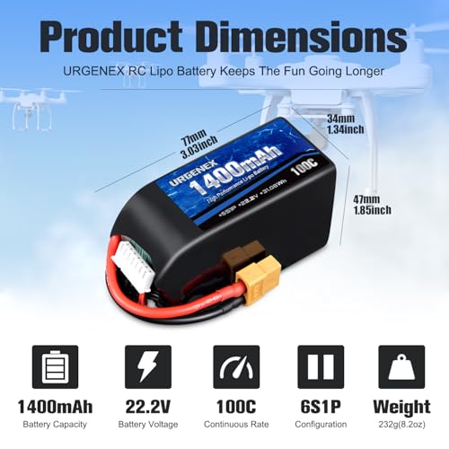 6S Lipo Battery 1400mAh 22.2V 100C with XT60 Plug Fit for FPV Drone Quadcopter Helicopter Airplane Rechargeable Racing Battery