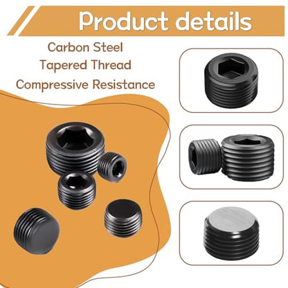29PCS 5 Size Pipe Plug Fitting Assortment Kit, Black Carbon Steel 1/8" 1/4" 3/8" 1/2" 3/4" NPT Plug DD032-29 - size: 29PCS