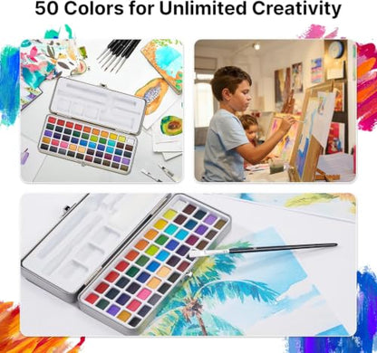 Watercolor Paint Set of 50 Colors - Washable Paint Kit with 7 Brushes