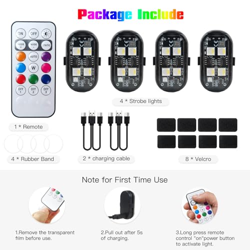 4PCS Wireless LED Strobe Lights with Remote Control, USB Rechargeable 8-Color High Brightness Waterproof Anti-Collision Warning Lights for Car, Motorcycle, Drone, Truck, Bike