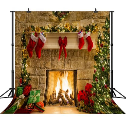 8x8Ft Christmas Themed Fireplace Vinyl Photography Backdrop Photo Background Studio Prop - size: 8X8Ft