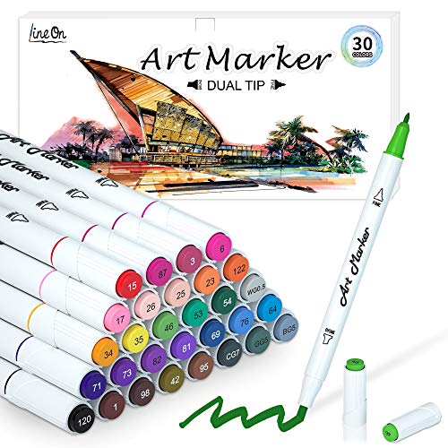 Dual Tip Alcohol Based Art Markers, Lineon 30 Colors Alcohol Marker Pens Perfect for Kids Adult Coloring Books Sketching and Card Making - color: 30 Colors