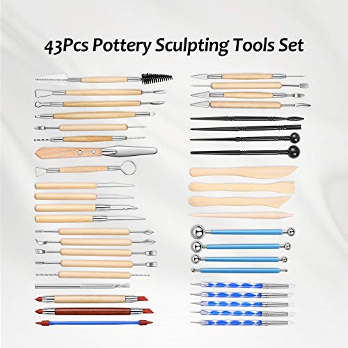 ISSEVE 43Pcs Pottery Clay Sculpting Tools, Clay Tool with Carrying Case Bag - color: Brown Bag