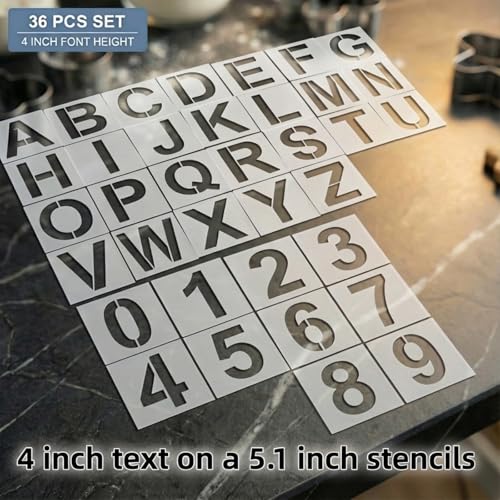 4 Inch Letter Stencils and Numbers, True 4 Inch Font, 36 Pieces