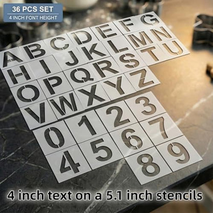 4 Inch Letter Stencils and Numbers, True 4 Inch Font, 36 Pieces