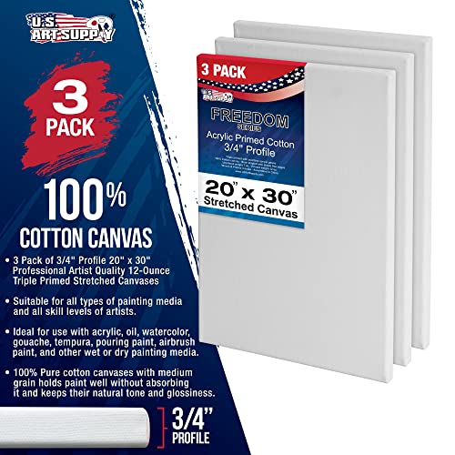 U.S. Art Supply 20"x30" Stretched Canvas for Painting, 3/4" Profile, 3-Pack - size: 20" x 30"