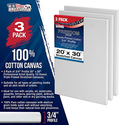 U.S. Art Supply 20"x30" Stretched Canvas for Painting, 3/4" Profile, 3-Pack - size: 20" x 30"