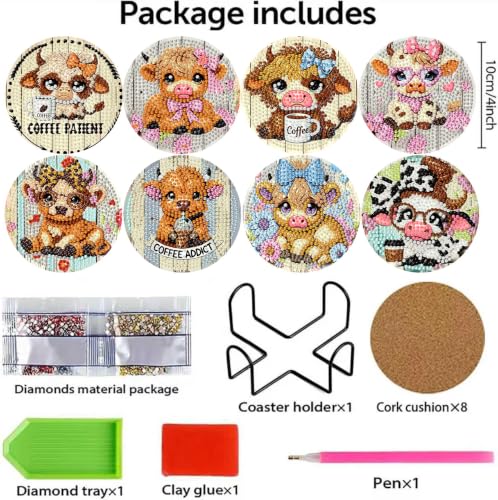 Diamond Art Coasters Kit for Adults, Diamond Painting Coasters - color: Cow-1