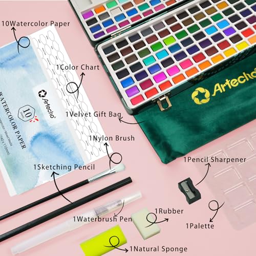 Artecho 128-Color Watercolor Paint Set with Metallics, Portable Tin Case - style: 128 Colors