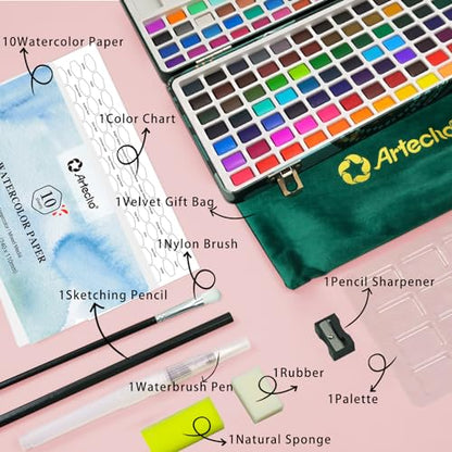 Artecho 128-Color Watercolor Paint Set with Metallics, Portable Tin Case - style: 128 Colors