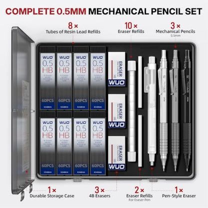 WUO 0.5mm Mechanical Pencil Set, 3 Pack Metal Drafting Pencils - color: Mixed Colors, size: 0.5