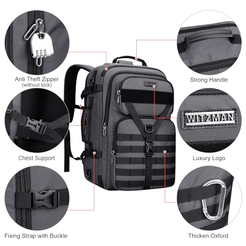WITZMAN Travel Backpack for Men 40L Convertible Bag Fits 17" Laptop - color: Silvery Grey