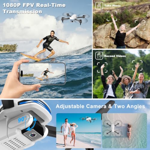 1080P Drones with Camera for Adults, Foldable Drone with 2 Batteries - color: White