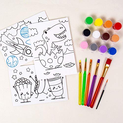 Horizon Group USA Pre-Printed Canvas & Paint Art Set. Ready to Paint 5" x 7" Canvas Panels, 12 Tempera Paints, 6 Easy-Grip Assorted Paintbrushes Included. Dino, Space & Food. - style: Dino-Space-Food
