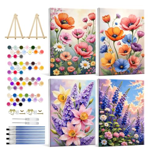 HeeBenor 4 Pack Flowers Paint by Numbers Kit for Adults Framed Canvas - color: Flowers 038