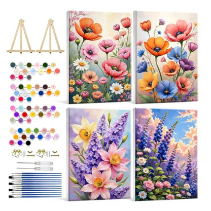 HeeBenor 4 Pack Flowers Paint by Numbers Kit for Adults Framed Canvas - color: Flowers 038
