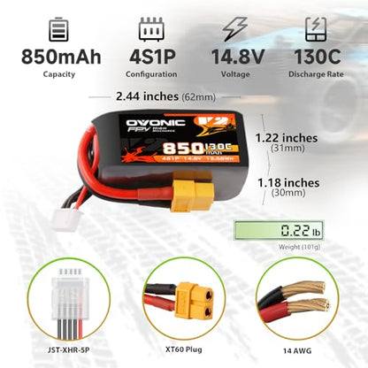 OVONIC 130C 4S 850mah Lipo Battery 14.8V Pack with XT60 Plug for FPV Racing