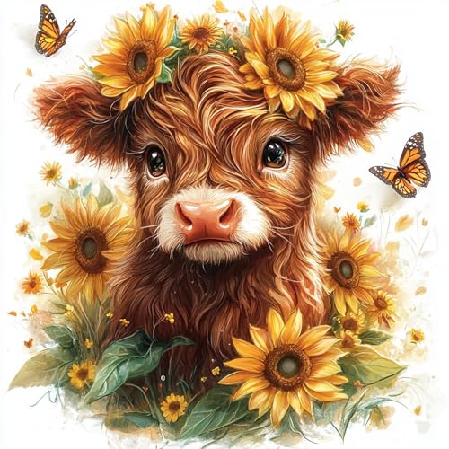 Diamond Art Kits for Adults, Highland Cow Sunflower Diamond Painting Kit - color: Cow Flowers