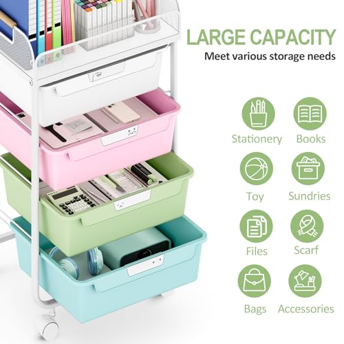 SYKIARIOL 4-Drawer Rolling Storage Cart with Mesh Top,Colourful - color: Colorful
