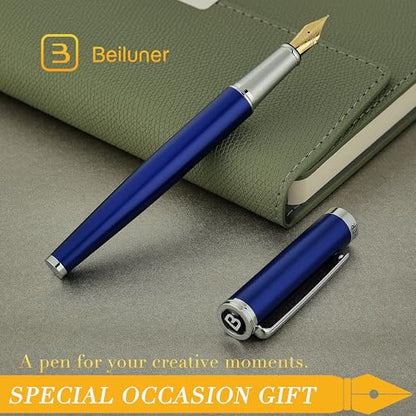 BEILUNER Luxury Fountain Pen Set,Solid 24K Gilded(Fine)-Charming Blue - color: Blue, style: Fine Nib