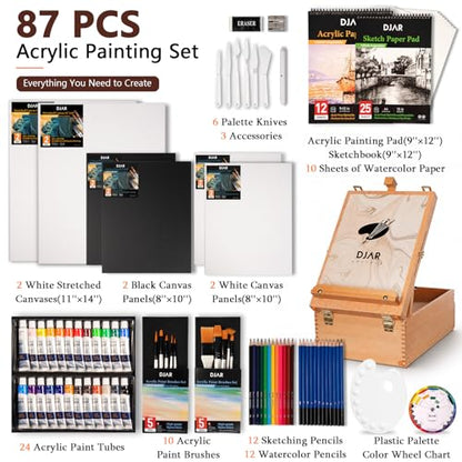 DJAR 87 Pcs Acrylic Paint Set with Tabletop Easel for Adults & Beginners - style: Tabletop Easel Set