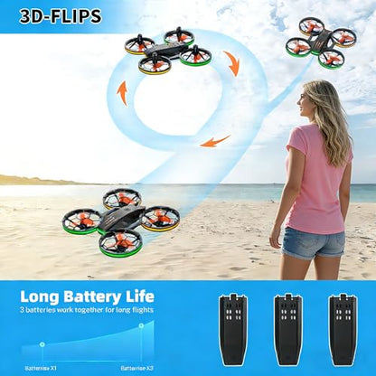 Drones - RC Drone with Auto Hovering and Headless Mode, Quadcopter with LED Light, Propeller Full Protect, 3D Flips, 3 Batteries, Remote Control, Best Gifts