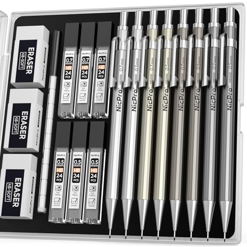 Nicpro 8 Pack 0.5mm & 0.7mm Metal Mechanical Pencil Set, MB1000 - style: 8 Pack （0.5mm & 0.7mm）