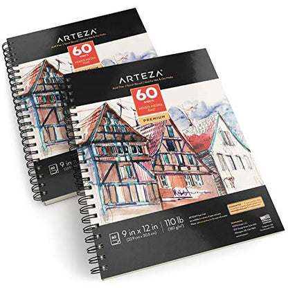 ARTEZA Mixed Media Pads, 9 x 12 in, Spiral, 2 Pack, 60 Sheets Each - size: 9"x12" (Pack of 2)