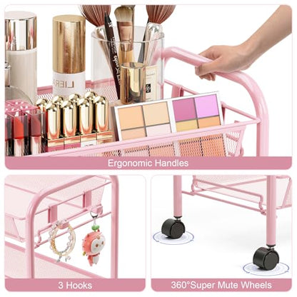 TOOLF 4 Tier Rolling Cart, Metal Utility Storage Cart with Wheels, Pink - color: Pink, size: 4-Tier