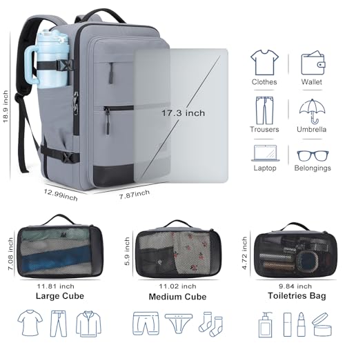 Tzowla 40L Carry-On Travel Backpack with Large Water Bottle Holder,Personal Item Travel Bag with 3 Packing Cubes,17.3 Inch Laptop Backpacks for Men and Women,Hiking Casual Outdoor Daypack(Grey) - color: Grey
