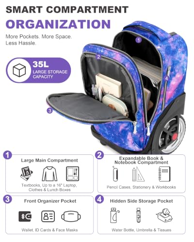 NEW TILAMI 19 Inch Rolling Backpack for School Stair-Climbing Big Wheel - color: Purple Star Violet