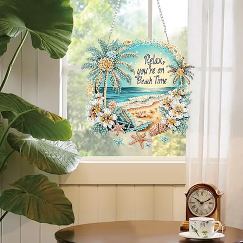 AIBOERL Beach Diamond Art Kits for Adults, Acrylic Hanging Suncatcher - color: DP03252