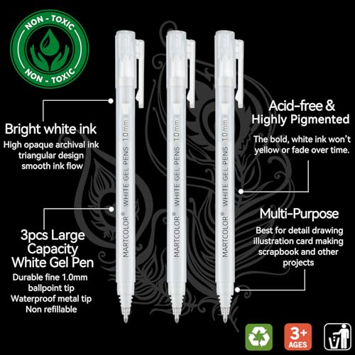 MARTCOLOR White Gel Pens, 3 Pack 1.0mm Extra Fine Point White Gel ink Pens - style: White - 1.0mm